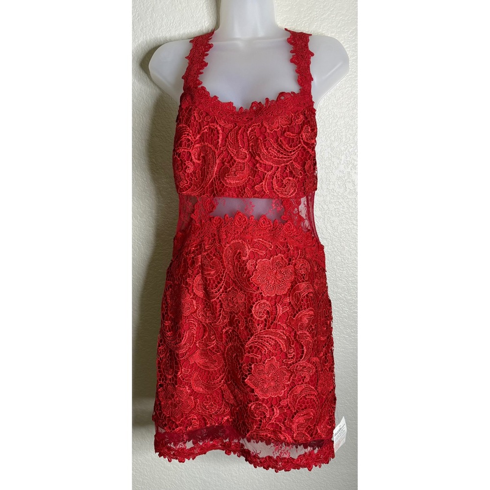 Venus Womens 8 Mini Dress Red Floral Lace Sheer Mesh Midriff Crisscross Back
